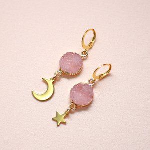 Moon & Star Pink Resin Cuff Stainless Steel Earrings